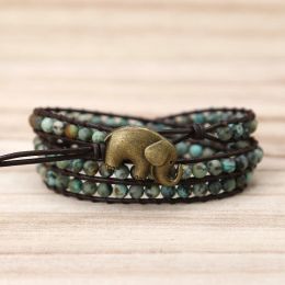 Bracelet Vintage Bouton Éléphant Bracelets En Cuir Pierre Naturelle Turquoises Africaines 3 Brins Bracelets Enveloppés À La Main Pour Hommes Et Femmes