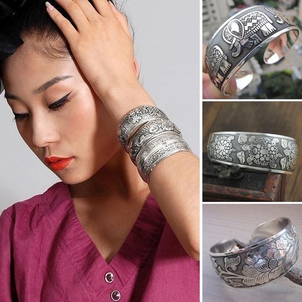 Bracelet Vintage Style Ethnique Bracelets Larges Pour Hommes Femmes Éléphant Tortue Fleur Sculpté Rétro Ancien Argent Plaqué