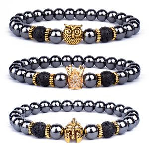 Bangle Vintage Hematite Owl Barme armbanden Men Lava Stone Crown Warrior Helmet armbanden Boerbakken voor vrouwen vriendschap sieraden geschenk