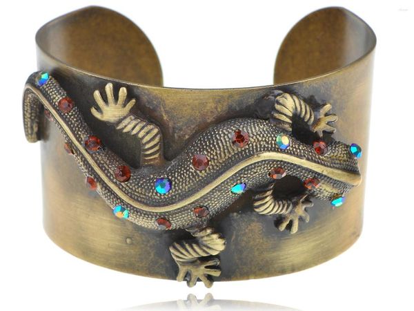 Brazalete Vintage Inspire Bronce Tono Dorado Ámbar Metálico Azul Rhinestone Pulsera de Lagarto