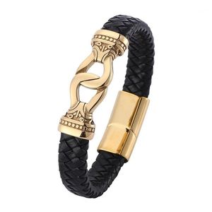 Bangle vintage sieraden mannen zwart gevlochten lederen armband gouden roestvrijstalen magneet gesp punk armbanden polsbandje