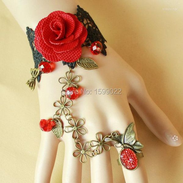 Brazalete de encaje Vintage, pulsera negra para mujer, cadena de bronce antiguo, mariposa, rosa roja, adorno de flores, accesorios de mano de moda