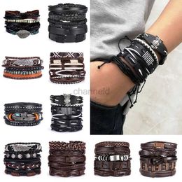 Bangle Vintage Multi Layer Lederen Armband Set Voor Vrouwen Mannen Leaf Pen Hand Gevlochten Sjaal Bedelarmband Sieraden Accessoires 240319