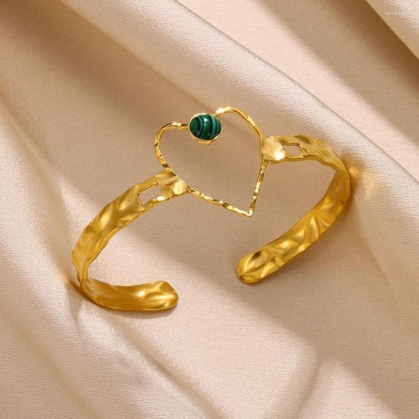 Bracelet Vintage Bracelet en pierre naturelle pour femmes coeur creux bijoux en acier inoxydable couleur or Bracelets ouverts cadeau de mariage de fiançailles