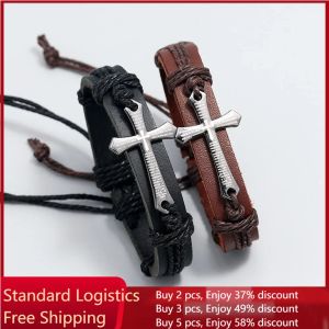 Bangle vintage punk verstelbaar kruis Jezus armbanden mannen vrouwen eenvoudige religieuze gevlochten lederen armbanden christelijke sieraden geschenken