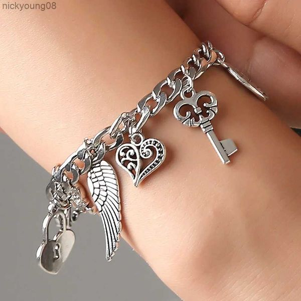 Bracelet Vintage couleur argent bricolage éléphant coeur serrure clé bracelet fleur étoile ailes mode pendentif bracelet à breloques pour hommes femmes L2403