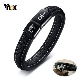 Bracelet Vnox gravé Ankh Cross Eye of Horus Bracelets pour hommes noir en cuir véritable pulsera masculina 19/21/23 cm 230911