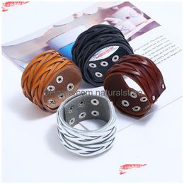 Bangle Weave Braid Wide Cross Leather Cuff Mtilayer Wrap Button Verstelbare Armband Wristand Voor Mannen Vrouwen Mode-sieraden Black Drop Dhrgv