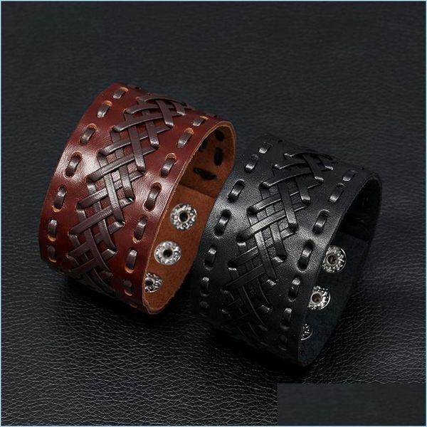 Bangle Weave Wide Lace Bandage Leather Bangle Cuff Button Pulsera ajustable Wristand Para Hombres Mujeres Joyería de moda Black Drop Deli Dhmct