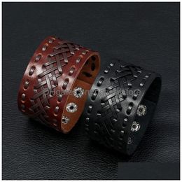 Bangle Weave Brede Kant Bandage Lederen Manchet Knop Verstelbare Armband Polsband Voor Mannen Vrouwen Mode-sieraden Zwart Drop Levering Brac Dhd4X