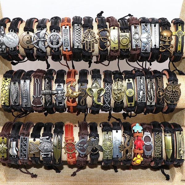 Bracelet En Gros 50pcs / Lot Bracelets De Charme En Cuir En Métal Pour Hommes Vintage Poignet Bracelets Pour Femmes Cadeaux Bijoux Mix Style 230923