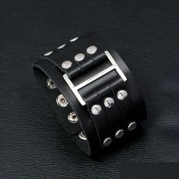 Bangle Brede Klinknagel Lederen Manchet Mtilayer Wrap Knop Verstelbare Armband Polsband Voor Mannen Vrouwen Mode-sieraden Zwart Drop Delivery Br Dhss8