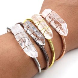 Bracelet fil enroulé Bracelets en pierre de cristal minéral brut Bracelets en Quartz clair naturel manchette ouverte cuivre bijoux fémininsBangle