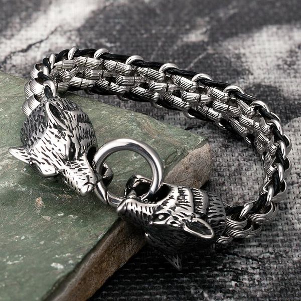Bracelet tête de loup Bracelets hommes chaîne en acier inoxydable charme cuir Punk Biker bijoux Rock Viking bracelet accessoires de mode cadeaux