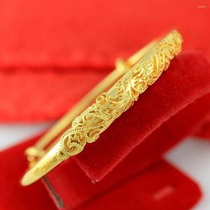 Brazalete Mujer Ajuste Pulsera de estilo étnico Mujer Pavo real Dragón Phoenix Amor Matrimonio 18k Oro amarillo lleno Joyería clásica Gif