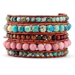 Brazalete de cuero para mujer, pulsera con piedras naturales, cuerda vintage, pulseras envolventes, cordón tejido con cuentas, pulsera, joyería de fantasía