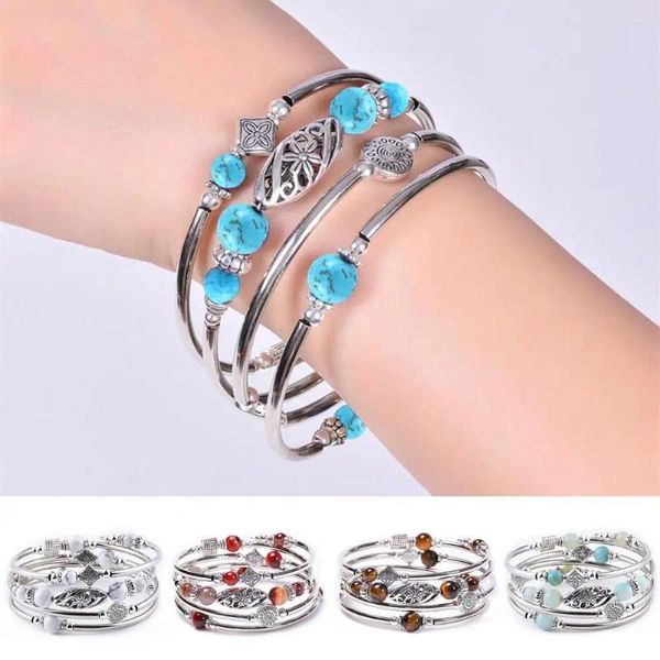 Brazalete de mujer con piedras naturales, étnico, multicapa, Retro, azul, turquesa, cuentas, pulsera envolvente, accesorios de joyería