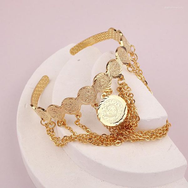 Bracelet pour femmes, bijoux arabes de dubaï, pièce de monnaie ouverte, pendentif à pompon, matériau en cuivre plaqué or, cadeau, charme italien de luxe