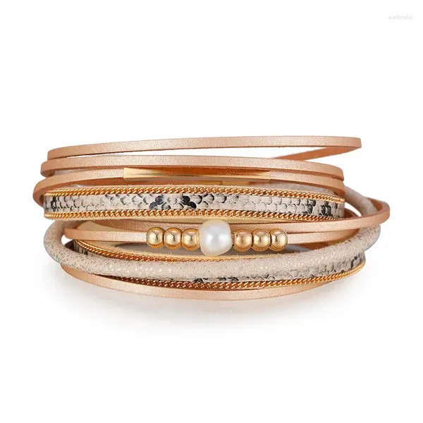 Brazalete Pulseras De Mujer Joyería Boho Perla Natural Cuero Multicapa 2 Círculo Wrap Pulsera Regalos