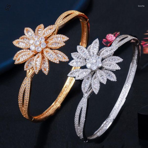 Brazalete de mujer con hebilla de primavera, pulsera abierta con microincrustaciones de circón, flor, aro, adorno Floral para mujer, adorno de mano para accesorios de ropa