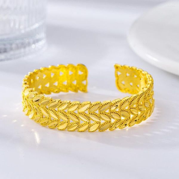 Brazalete Mujer Sólido 18k Oro Amarillo Lleno Clásico Moda Hoja Diseño Señora Boda Fiesta Joyería Regalo