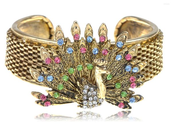 Bangle Womens Exotic Golden Tone Multicolor Crystal Strass Peacock Bird Bracelet Cuff