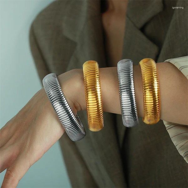 Bracelet XIALUOKE Vintage Géométrique Métal Avec Rayures Verticales Bracelet Large Pour Femmes Dame Stretch Chunky Bijoux