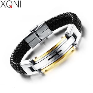 Bracelet XQNI Vintage Bracelet en cuir pour homme mode bracelet tricoté à la main couleur noire pleine croix en acier hommes bijoux 230911
