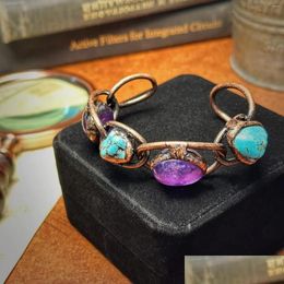 Bracelet Yeevaa Purple Crystal Amethyst Turquoise Bracelet avec cuivre ouvert Gemstone Energy Healing Stone Handmade Drop Delivery Jewel Dhwm5