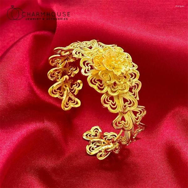 Brazalete de oro amarillo chapado en grande pulsera de flores anchas para mujeres pulsera pulsera femme accesorios de joyería para novia de boda