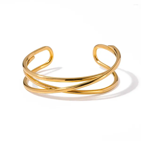 Brazalete Youthway Línea de metal de acero inoxidable Apertura entrelazada Pulsera delgada brillante Chapado en oro de 18 quilates Regalo de joyería con encanto para mujeres