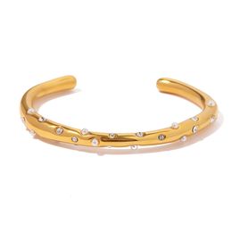 Bangle Youthway roestvrijstalen parel zirconia armband geometrische open manchet minimalistische textuur gepersonaliseerde sieraden 230710