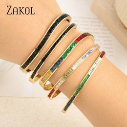 Bangle ZAKOL Stainless Steel Gold Plated Bangles For Men Women Fashion Colored Square Cubic Zirconia Punk Style Party Jewelry