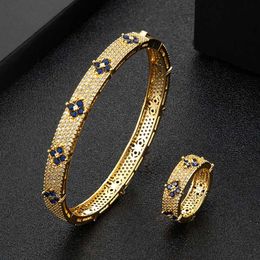 Brazalete Marca de joyería Zlxgirl Brazalete de 2 piezas con anillo Conjunto de joyas de boda Diseño europeo Pulsera de cobre Tamaño de mujer Brazalete de oro de Dubai anel