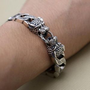 Brazaletes 100% S925 Joyería de plata pura sólida Doble cabeza de leopardo Cadena gruesa Vintage Thai Versión amplia Pulsera poderosa para hombres