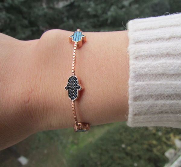 Bracelets 2017 russie mode 925 Bracelet en argent mignon pierre gemme noire mignon fatima hamsa main or rose ajuster fille bracelet