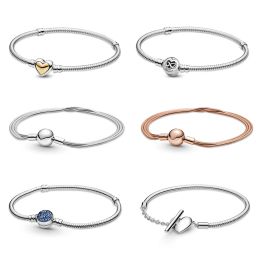 Bangles 2021 Nouveau 100% 925 STERLING Silver Pan Moments Heart Infinity Clasp Snake Chain Bracelet Fit Party Woman Jewelry Gift