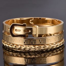 Armbanden 3 stks/set Klassieke roestvrijstalen armband Luxe manchetarmbanden Herenmode Titanium Staal Type C Gedraaid Romeins cijfer Bangle