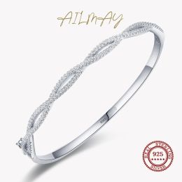 Brazaletes ailmay de calidad 925 plata esterlina centelleante circón geométrico pulsera de línea cruzada para mujeres joyas finas joyas finas