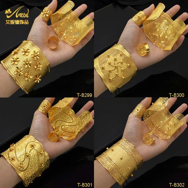 Brazaletes Aniid Brazaletes chapados en India con anillo para mujer Encanto árabe africano Pulsera de color dorado Joyería Dubai Regalo de boda nigeriano