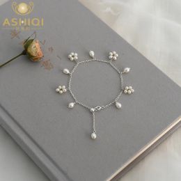 Bangles Ashiqi 925 argent sterling Real Natural Natural Freshwater Pearl Bracelet Bijoux pour les femmes