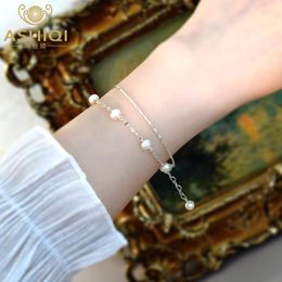 Bangles Ashiqi Natural Natural Freshater Pearl 925 Sterling Silver Chain Double Layer Bracelet Bijoux pour les femmes