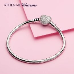 Bracles Athénaie 925 Chaîne de serpent en argent sterling avec pave clear cz coeur fermoir bracelet ajuster toutes les perles de charme européen