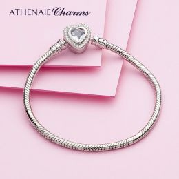 Bangles Athenaie Authentic 100% 925 Sterling Silver Snake Chain Bangle Bracelet avec CZ Love Heart Clasp Charms Bracelets for Women