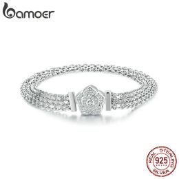 Bangles Bamoer 925 Sterling Silver Rose Basic Bracelet Hollowout Wide Band Chain Platinum PLATED VOOR Women Valentijnsdag Gift SCB265