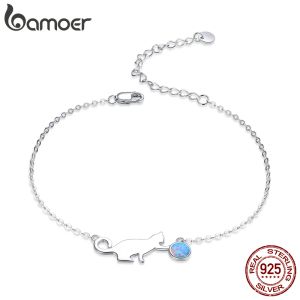 Bangles Bamoer Authentieke 925 Sterling Zilver Leuke Pussy Cat Opal Link Armband voor Vrouwen Luxe Fijne Sieraden Vrouwelijke Geschenken SCB175