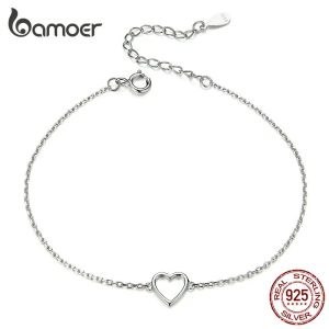 Bangles Bamoer Classic Personalised Heart Bracelet, 925 Sterling Silver Dainty Link Chain armband voor vrouwelijke tienermeisjes