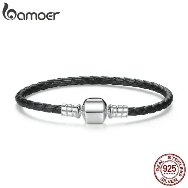 Bracelets Bamoer populaires 925 Bracelets en cuir authentique en argent sterling avec chaîne de serpent unisexe bracelet fin bijoux pas911