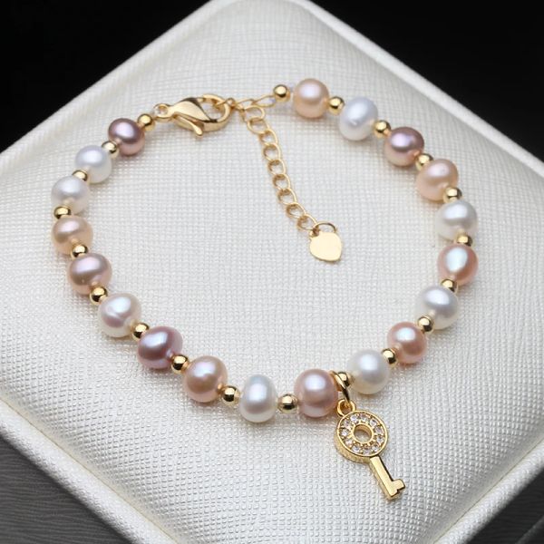 Bracelets magnifiques ronds multicolores en perles naturelles véritables pour femmes, Bracelet clé réglable, bijoux de mariée pour filles de fête