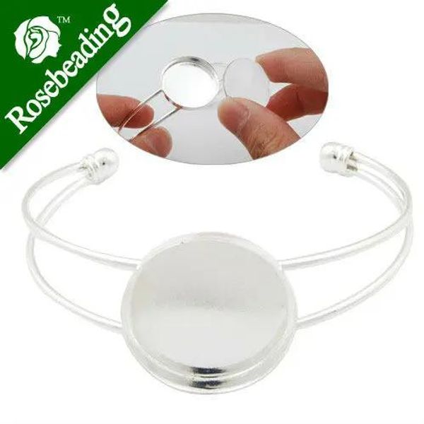 Brazalete de brazaletes en blanco con configuración de bisel redonda de 1 pulgada (25 mm), bandejas, manguito, latón ajustable, plateado, al por mayor, configuraciones de cabujón